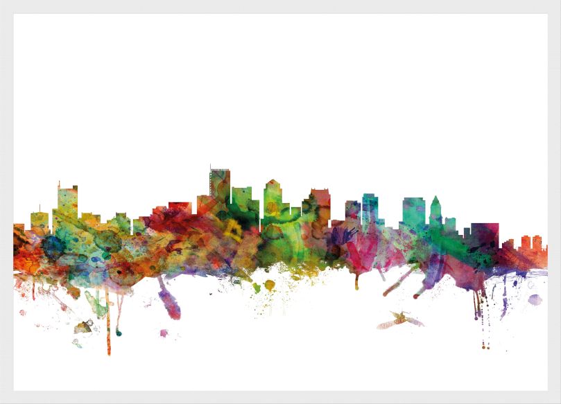 Medium Boston Watercolour Skyline (Wood Frame - White)