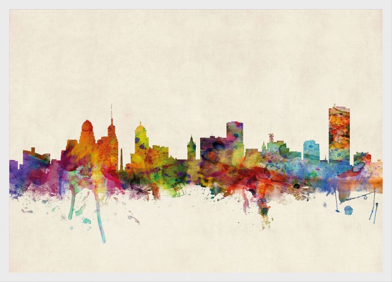 Small Buffalo New York Watercolour Skyline (Wood Frame - White)
