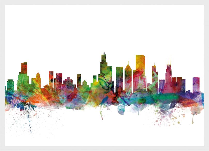 Small Chicago Illinois Watercolour Skyline (Wood Frame - White)