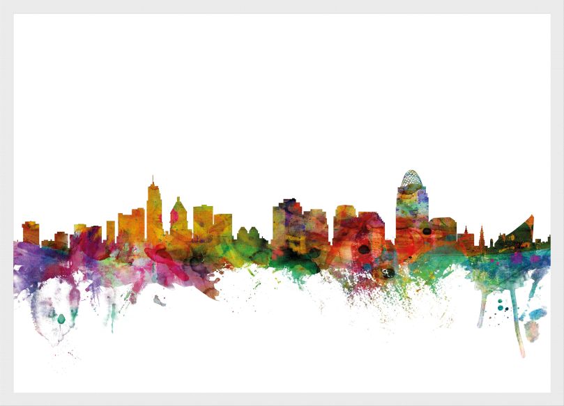 Medium Cincinnati Ohio Watercolour Skyline (Wood Frame - White)