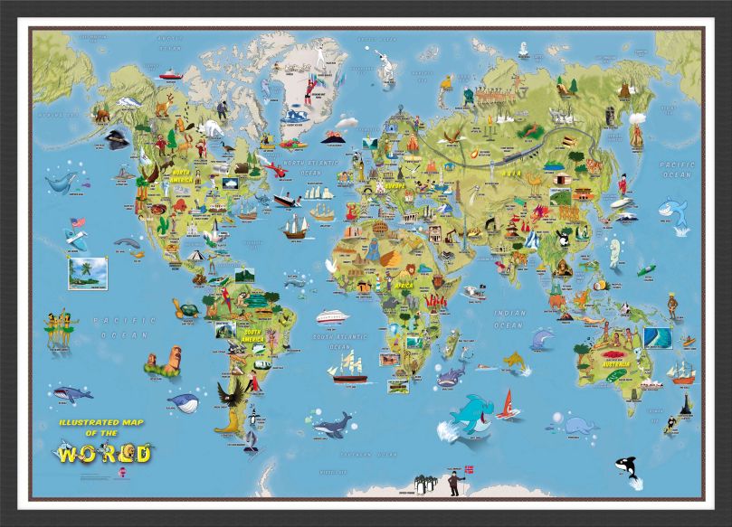Kids Cartoon World Map (Pinboard & wood frame - Black)