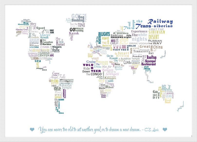 Small Personalised Our Bucket List World Map (Pinboard & wood frame - White)