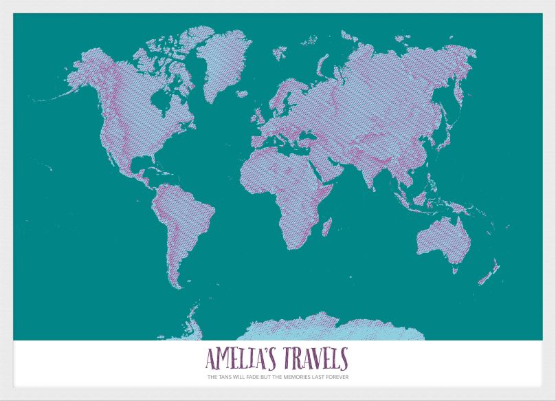 Small Personalised Pop Art World Map - Halftone (Pinboard & wood frame - White)