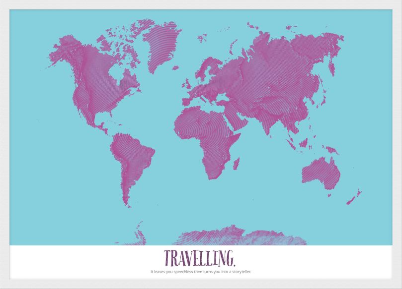 Small Personalised Pop Art World Map - Radial (Pinboard & wood frame - White)