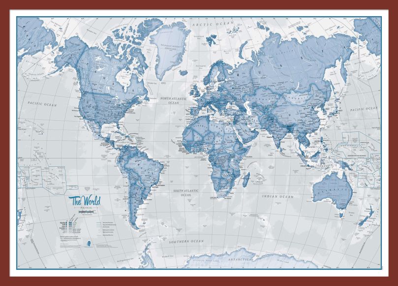 Medium The World Is Art - Wall Map Blue (Pinboard & framed - Dark Oak)