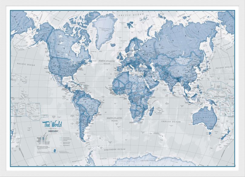 Small The World Is Art - Wall Map Blue (Wood Frame - White)