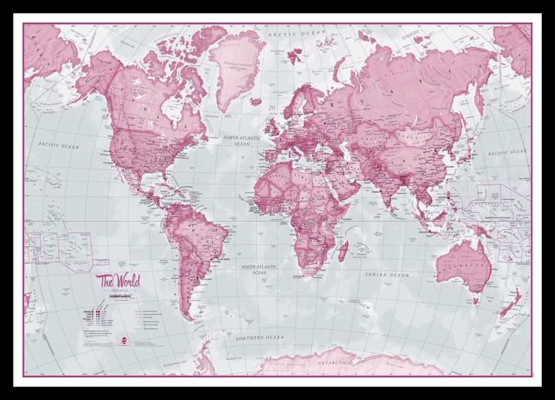 Medium The World Is Art - Wall Map Pink (Pinboard & framed - Black)