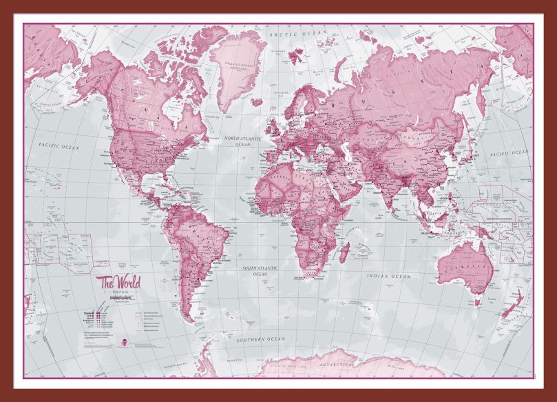 Medium The World Is Art - Wall Map Pink (Pinboard & framed - Dark Oak)