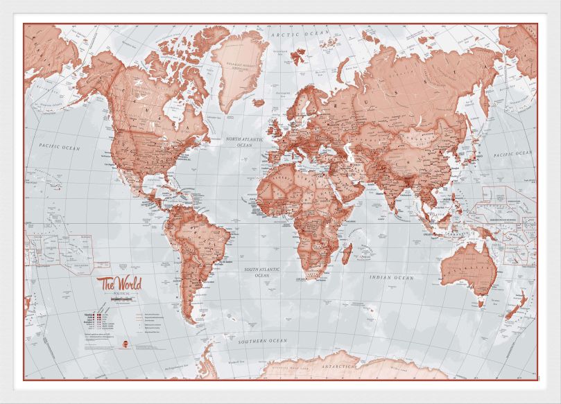 Medium The World Is Art - Wall Map Red (Wood Frame - White)