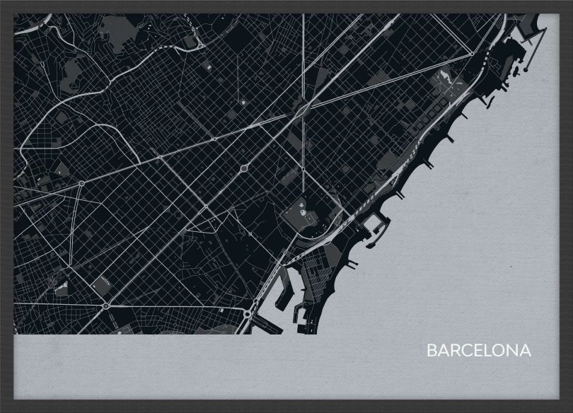 Small Barcelona City Street Map Print Charcoal (Wood Frame - Black)