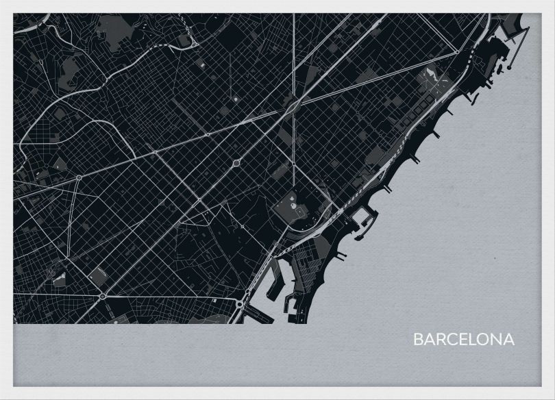 Small Barcelona City Street Map Print Charcoal (Wood Frame - White)