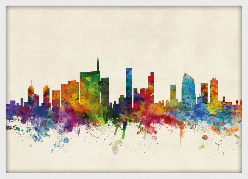 Medium Milan Watercolour Skyline (Wood Frame - White)