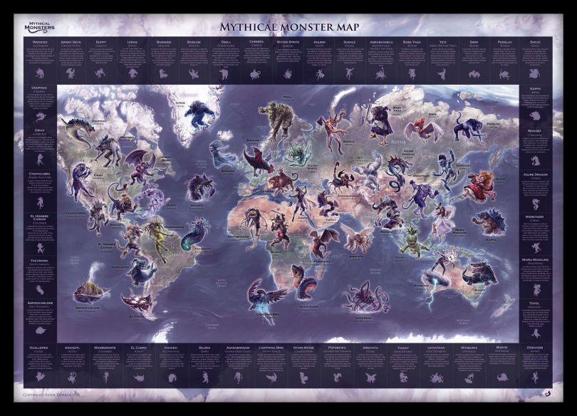 Medium Mythical Monster World Map (Pinboard & framed - Black)