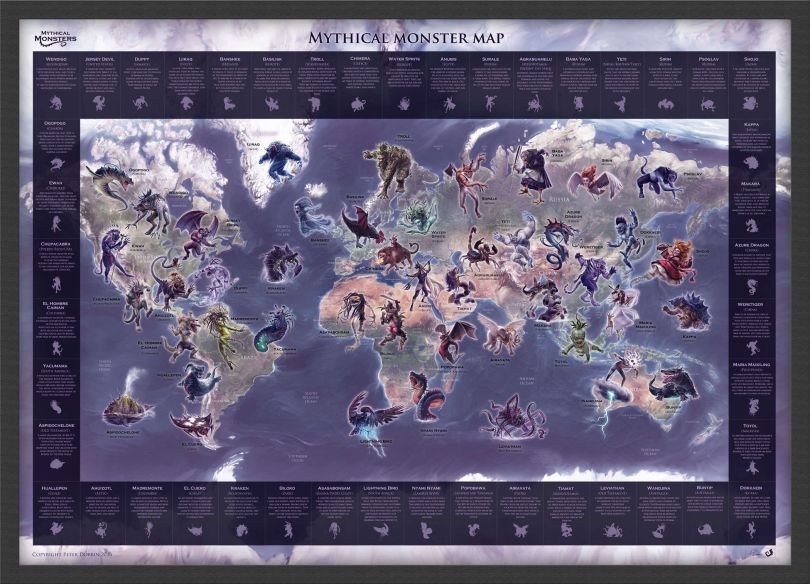 Medium Mythical Monster World Map (Wood Frame - Black)