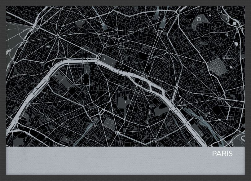 Small Paris City Street Map Print Charcoal (Wood Frame - Black)