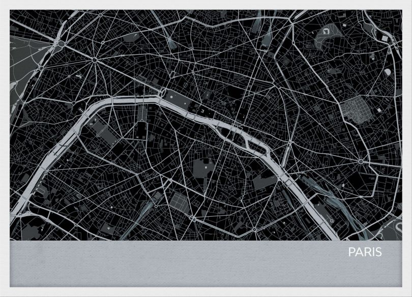 Small Paris City Street Map Print Charcoal (Wood Frame - White)