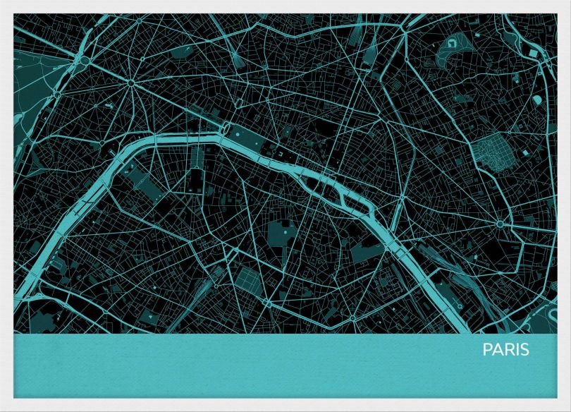 A4 Paris City Street Map Print Turquoise (Wood Frame - White)