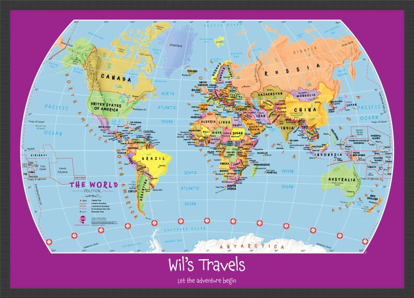 Small Personalised Child's World Map (Wood Frame - Black)