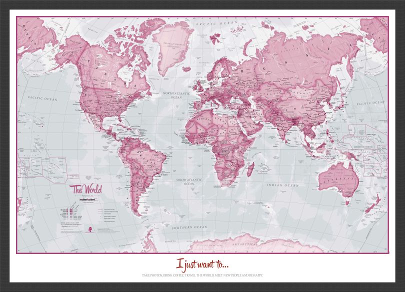 Medium Personalised World Is Art - Wall Map Pink (Wood Frame - Black)