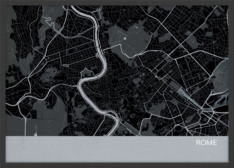 Small Rome City Street Map Print Charcoal (Wood Frame - Black)