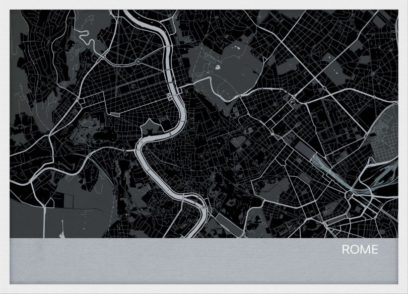 Small Rome City Street Map Print Charcoal (Wood Frame - White)