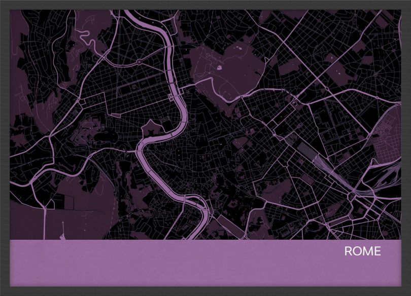 Small Rome City Street Map Print Mauve (Wood Frame - Black)