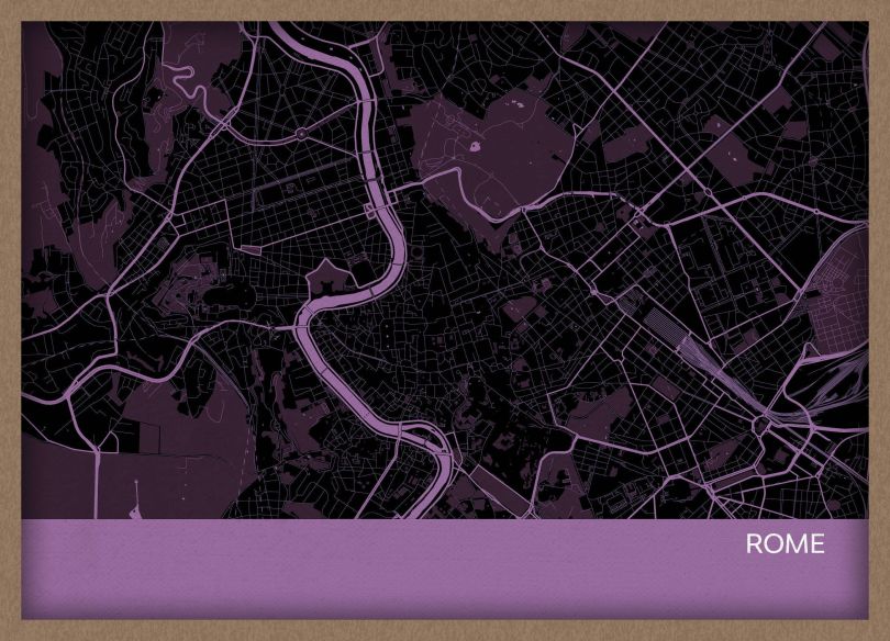 A3 Rome City Street Map Print Mauve (Wood Frame - Oak Style)