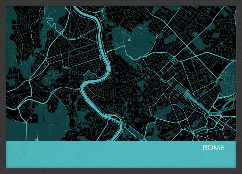 A3 Rome City Street Map Print Turquoise (Wood Frame - Black)