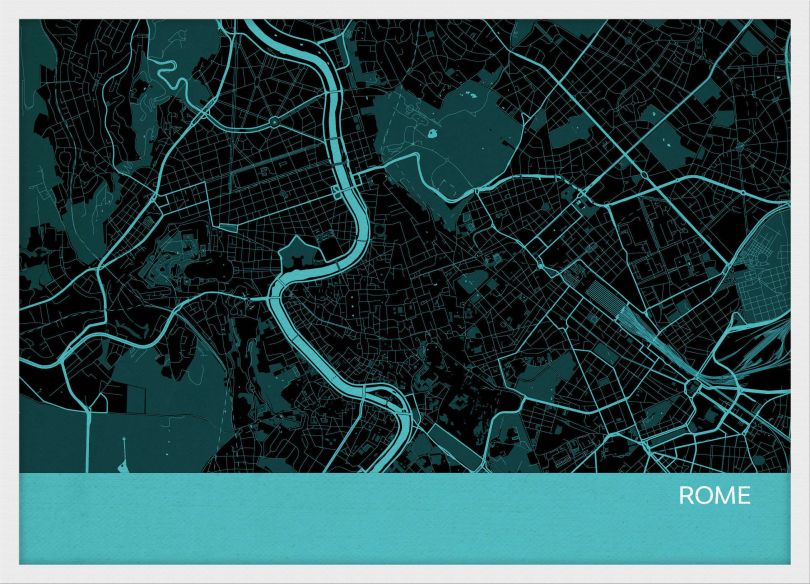 A3 Rome City Street Map Print Turquoise (Wood Frame - White)
