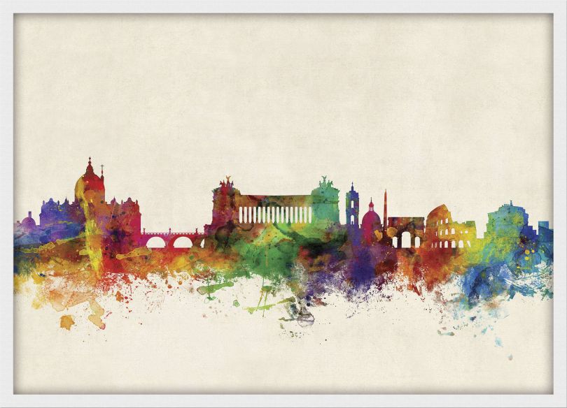 Medium Rome Watercolour Skyline (Wood Frame - White)