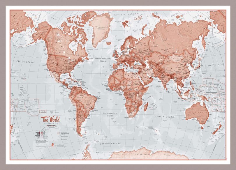 Medium The World Is Art - Wall Map Red (Pinboard & framed - Silver)