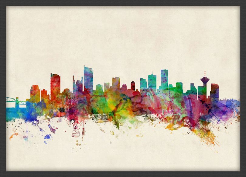 Medium Vancouver Canada Watercolour Skyline (Pinboard & wood frame - Black)