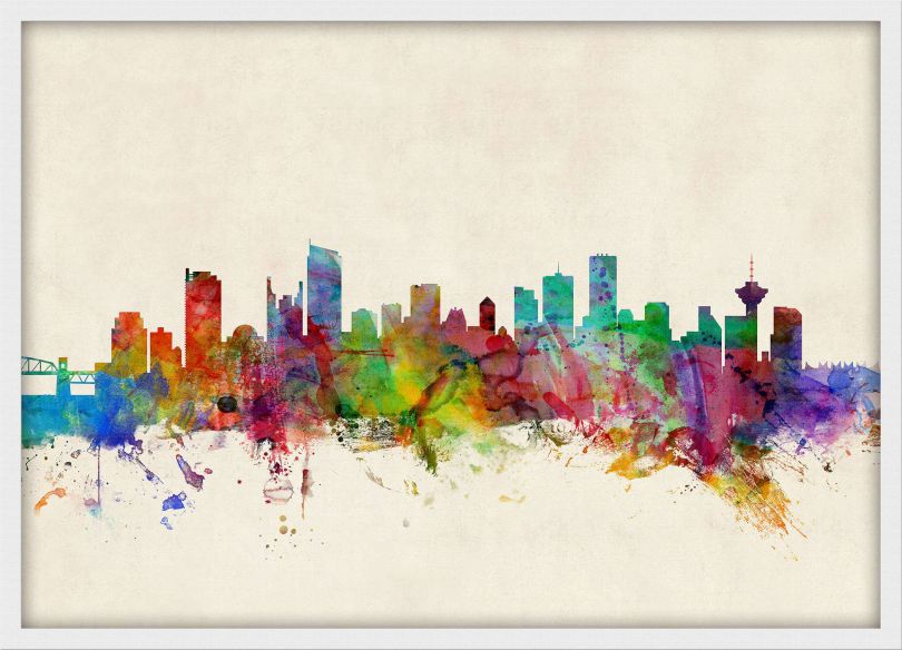 Medium Vancouver Canada Watercolour Skyline (Wood Frame - White)