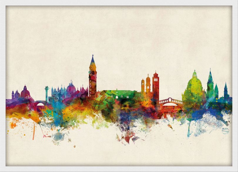 Medium Venice Watercolour Skyline (Wood Frame - White)