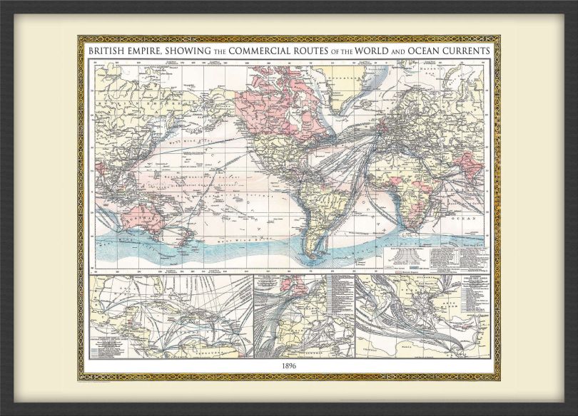 Medium Vintage British Empire World Map 1896 (Wood Frame - Black)