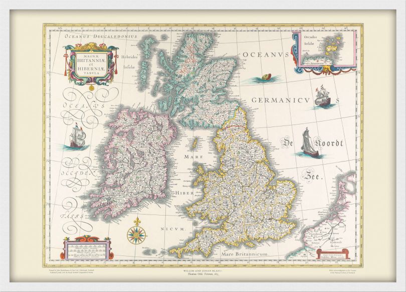 Small Vintage British Isles World Map Willem and Johan Blaeu 17th Century (Pinboard & wood frame - White)