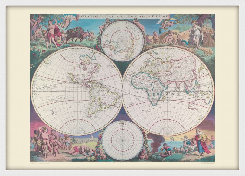 Medium Vintage Double Hemisphere World Map 1689 (Wood Frame - White)