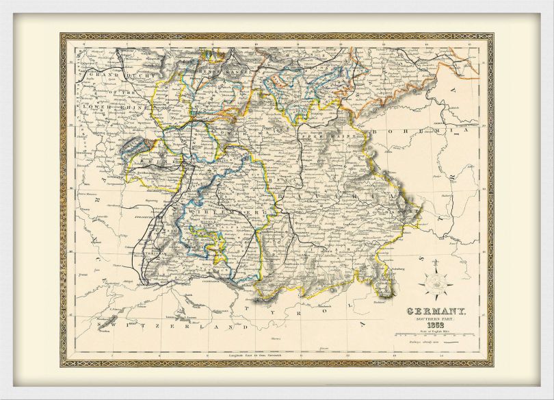 Small Vintage Map of Southern Germany (Wood Frame - White)