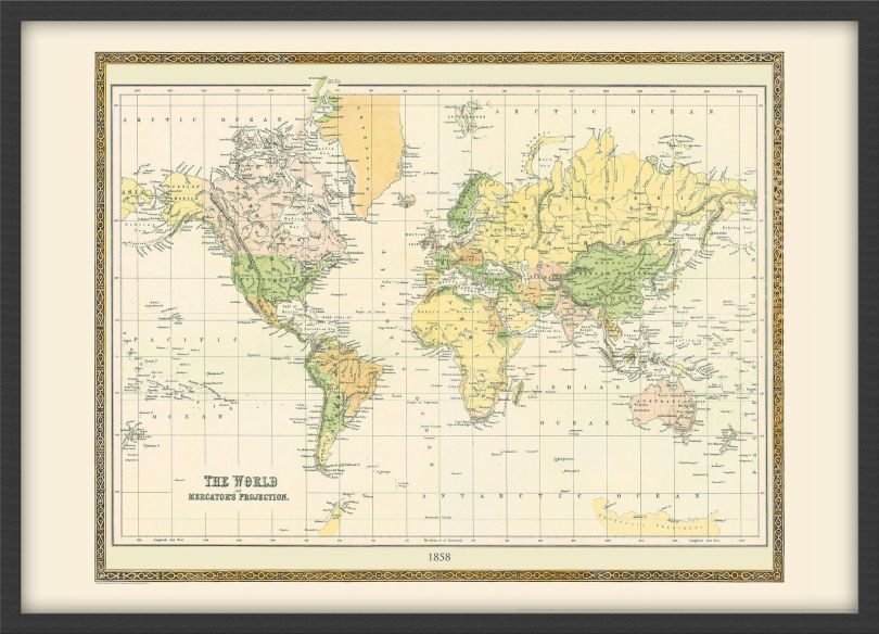 Medium Vintage Mercators Projection World Map 1858 (Pinboard & wood frame - Black)