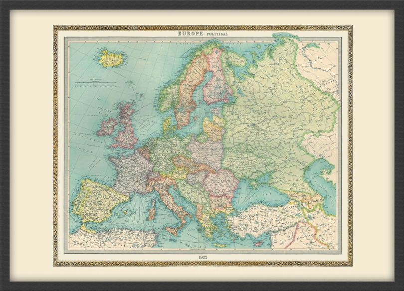 Medium Vintage Political Europe Map 1922 (Wood Frame - Black)
