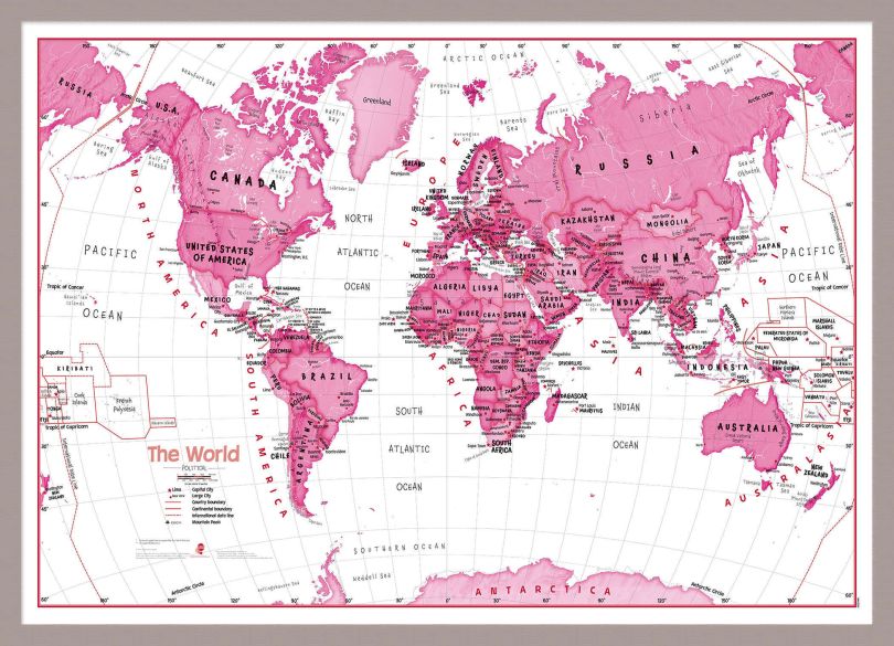 Medium Children's Art Map of the World Pink (Pinboard & framed - Silver)