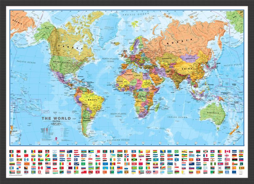 Medium World Wall Map Political with flags (Wood Frame - Black)