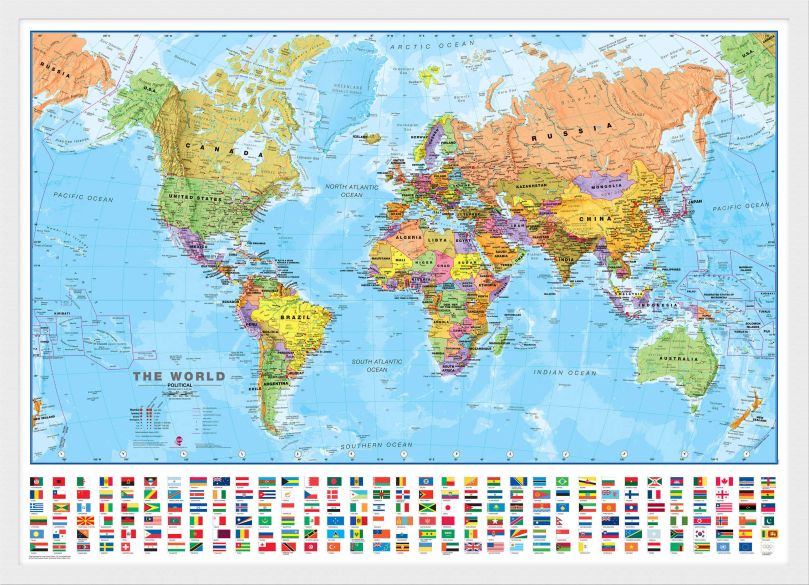 Medium World Wall Map Political with flags (Wood Frame - White)
