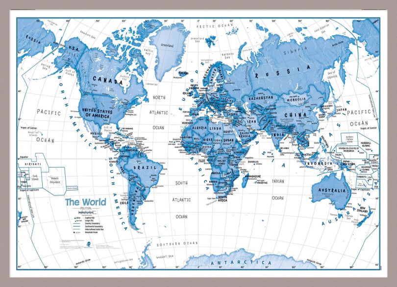 Medium Children's Art Map of the World Blue (Pinboard & framed - Silver)
