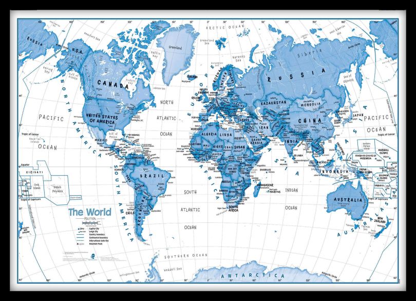 Medium Children's Art Map of the World Blue (Pinboard & framed - Black)
