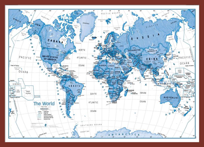 Medium Children's Art Map of the World Blue (Pinboard & framed - Dark Oak)