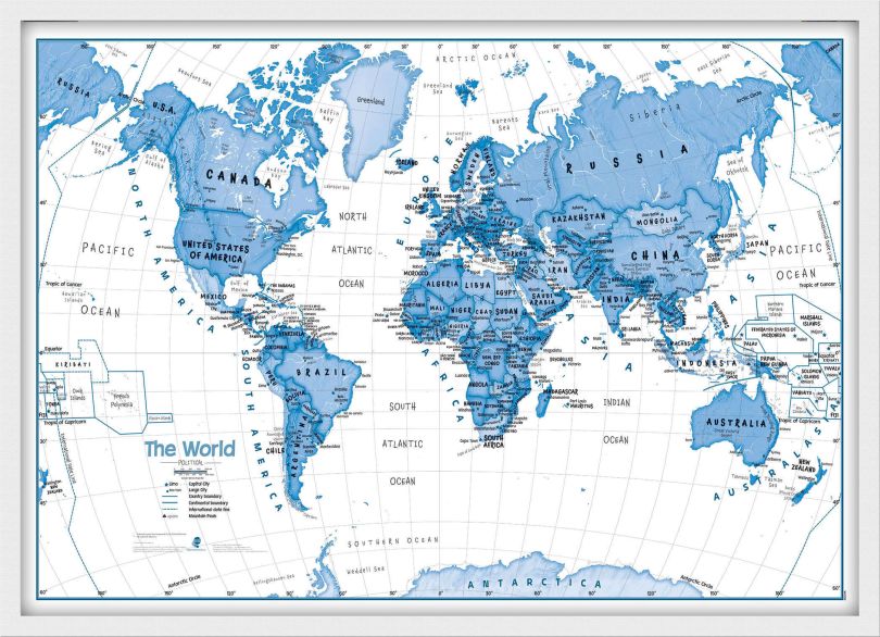Medium Children's Art Map of the World Blue (Pinboard & wood frame - White)