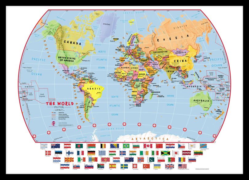 Medium Primary World Wall Map Political with flags (Pinboard & framed - Black)