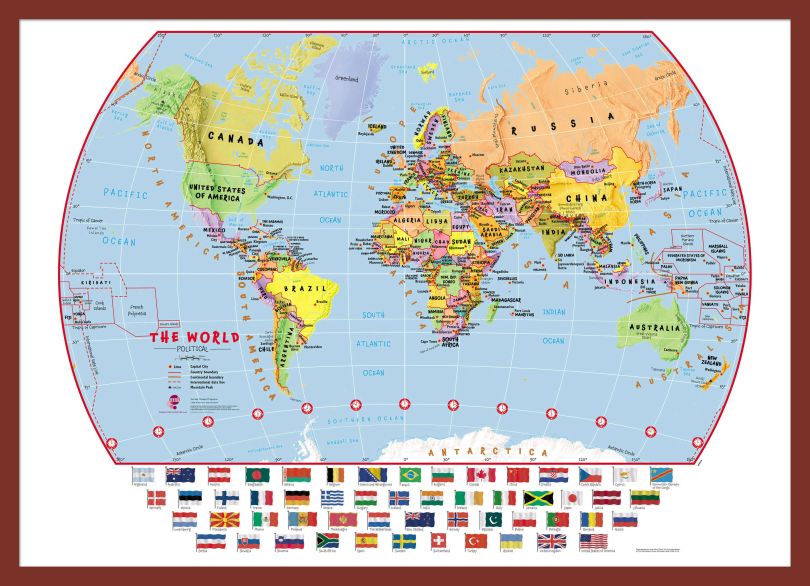 Medium Primary World Wall Map Political with flags (Pinboard & framed - Dark Oak)