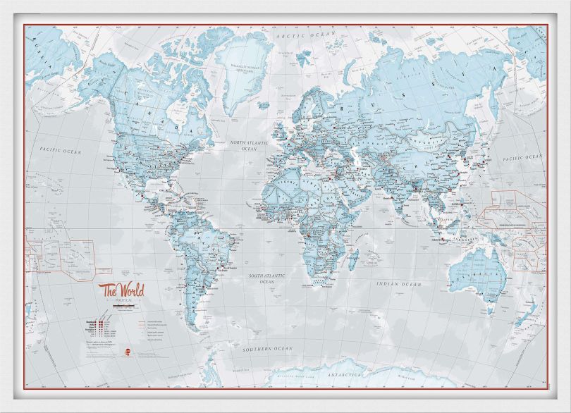 Medium The World Is Art - Wall Map Aqua (Wood Frame - White)